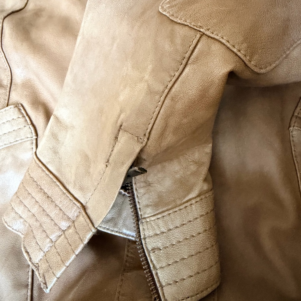 Black Rivet Soft Tan Leather Zippered Moto Bomber Jacket XL - Picture 5 of 8